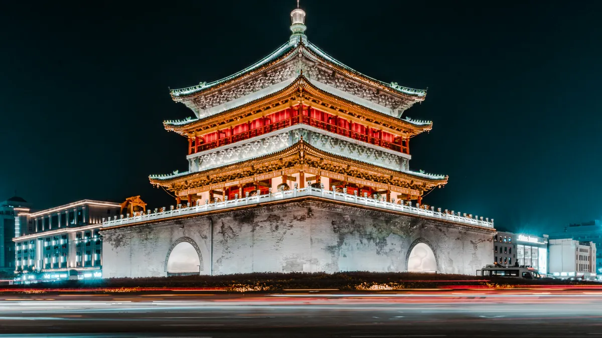 The illuminated Bell Tower of Xi'an at night with light trails