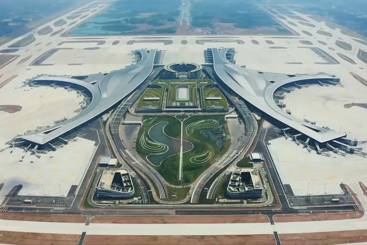 Aerial view of Chengdu Tianfu International Airport's distinctive dual-terminal design