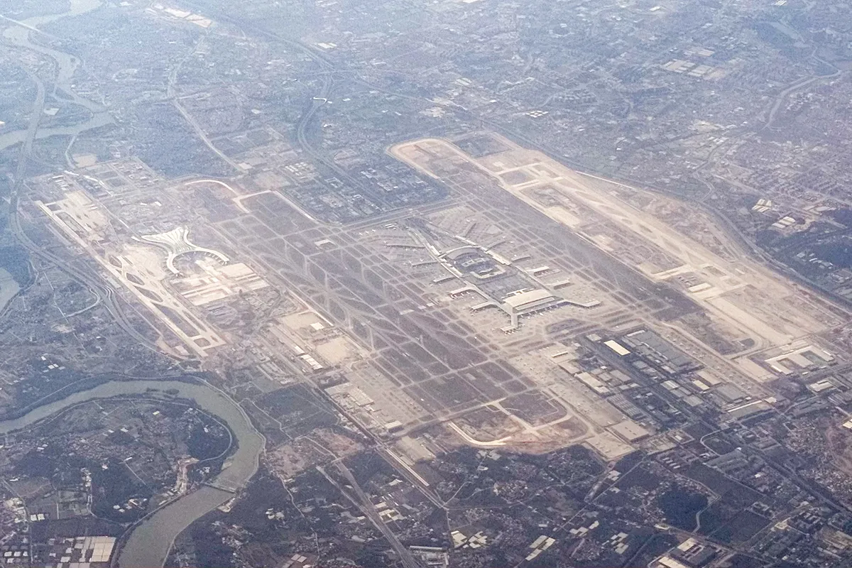Aerial view of Guangzhou Baiyun International Airport's terminals and runways