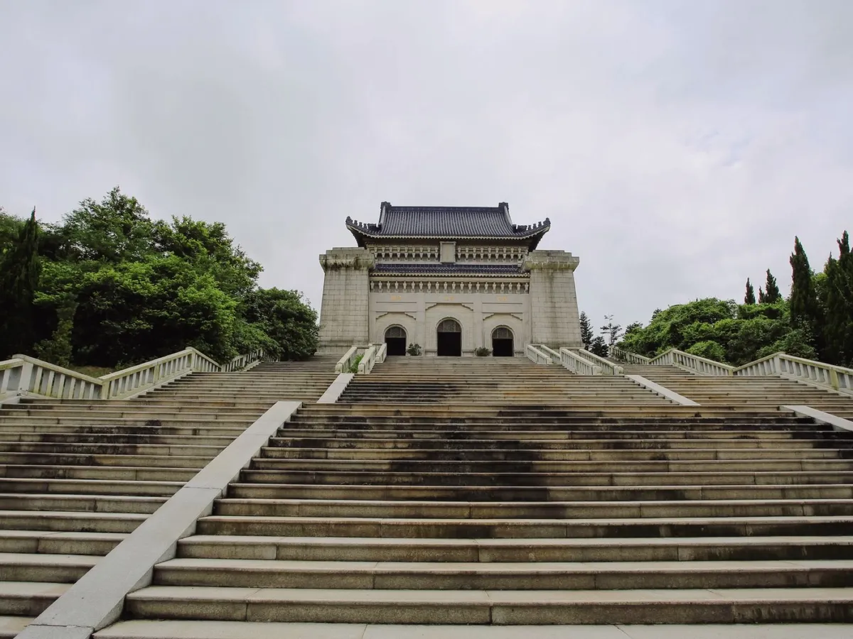The granite staircase leading up to the Sun Yat-sen Mausoleum's memorial hall on Purple Mountain