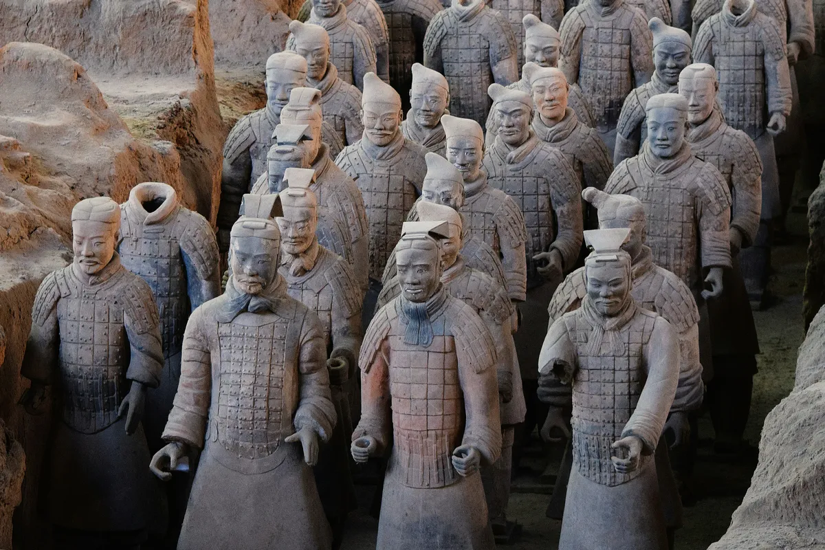 The Terracotta Army standing in formation in the main excavation pit at Xi'an