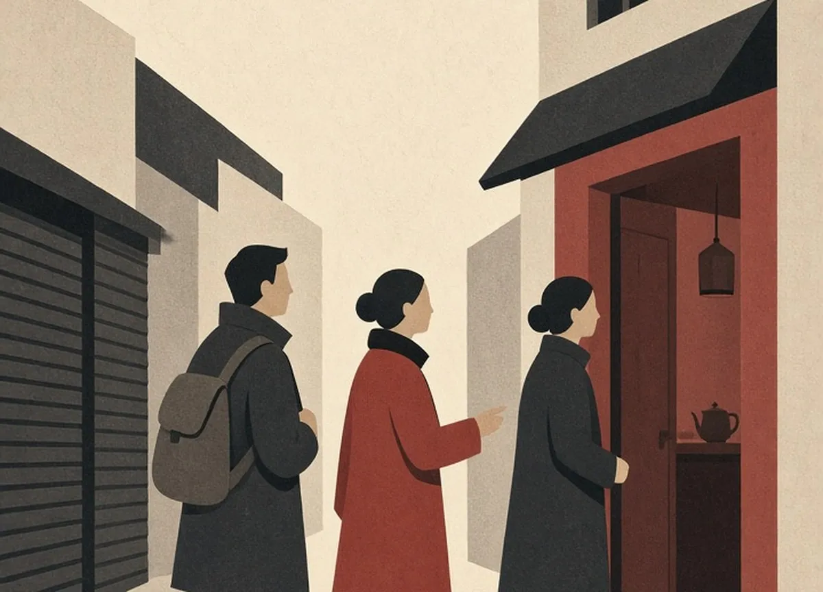 Illustration of two strangers leading a hesitating lone traveller toward a small shop doorway on a narrow street
