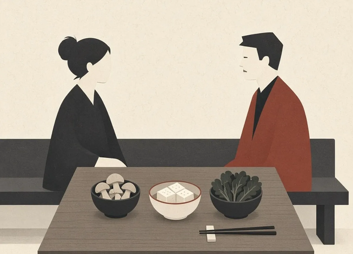 Illustration of a spare dining room with shared bowls of mushrooms, tofu and greens on a wooden table