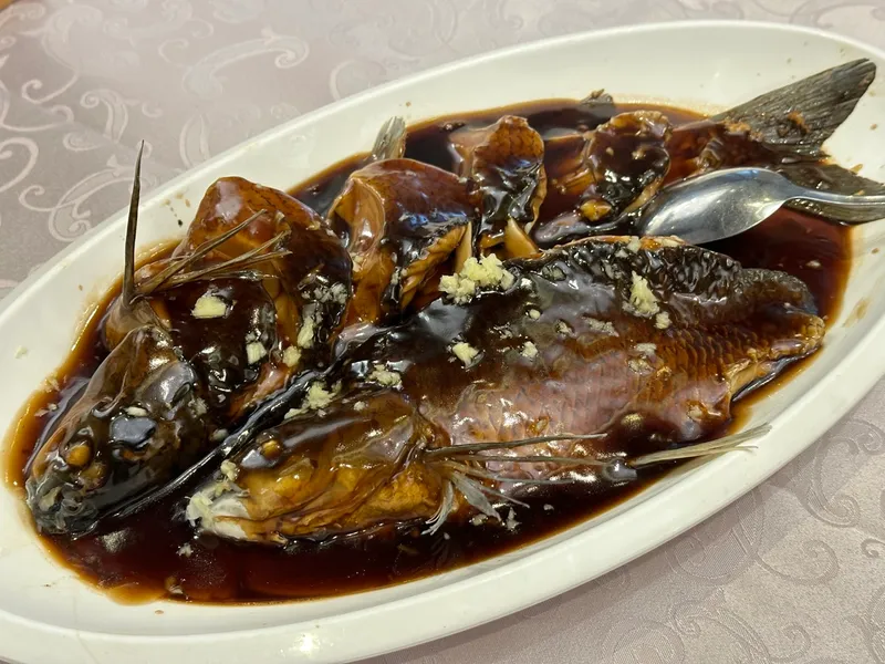 A whole fish in dark vinegar-ginger sauce on an oval plate, West Lake fish in vinegar gravy